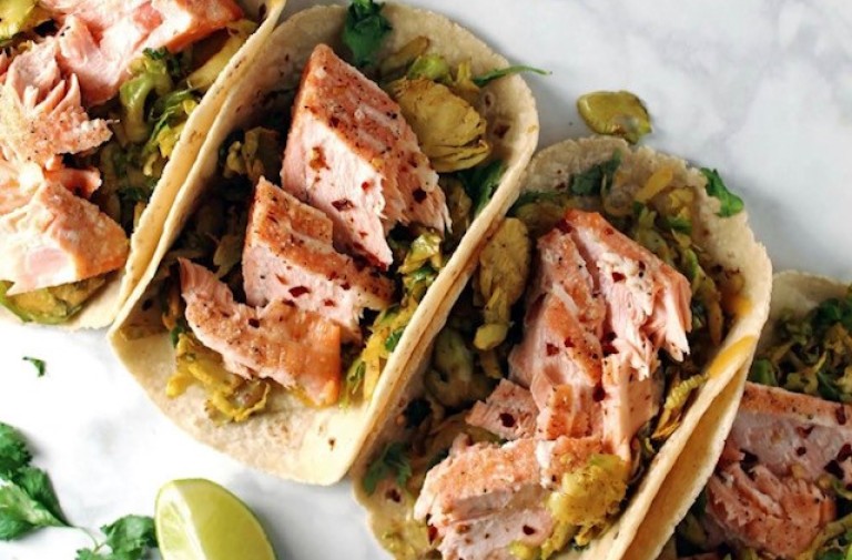 Salmon and Shredded Brussels Sprout Tacos